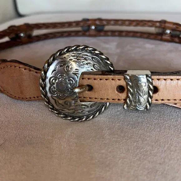 Brighton Double Braided Cowgirl Leather Belt Silver Heart Concho 71706 Size 30 - Picture 3 of 12